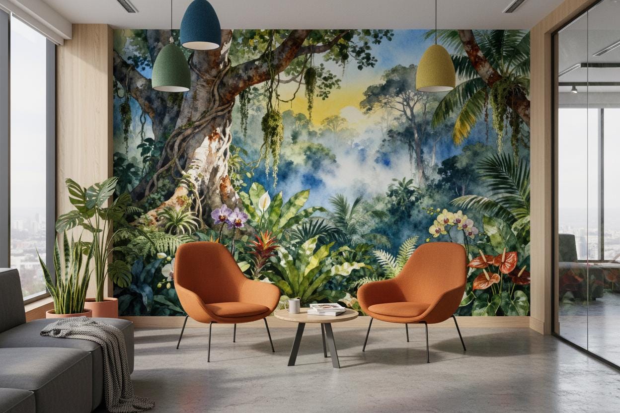 Watercolor Tropical Jungle Non Floral Wallpaper – scale reference, Golden Era Walls