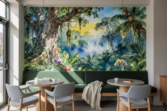 Watercolor Tropical Jungle Non Floral Wallpaper – detail view, Golden Era Walls
