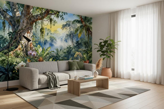 Watercolor Tropical Jungle Non Floral Wallpaper – lifestyle view, Golden Era Walls