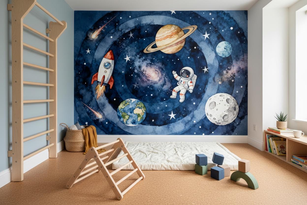Watercolor Space Planets Astronaut Wallpaper – alternate view, Golden Era Walls