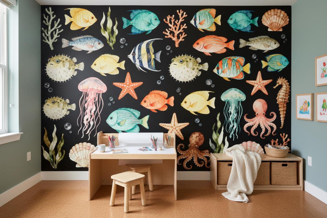 Watercolor Sea Life Dark Coastal Wallpaper – lifestyle view, Golden Era Walls