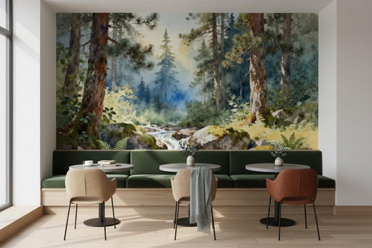 Watercolor Forest Vintage Woodland Wallpaper – room setting, Golden Era Walls