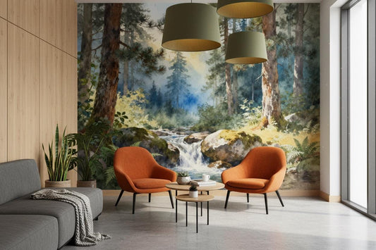 Watercolor Forest Vintage Woodland Wallpaper – detail view, Golden Era Walls