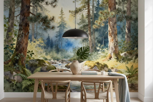 Watercolor Forest Vintage Woodland Wallpaper – peel and stick wallpaper mural, Golden Era Walls