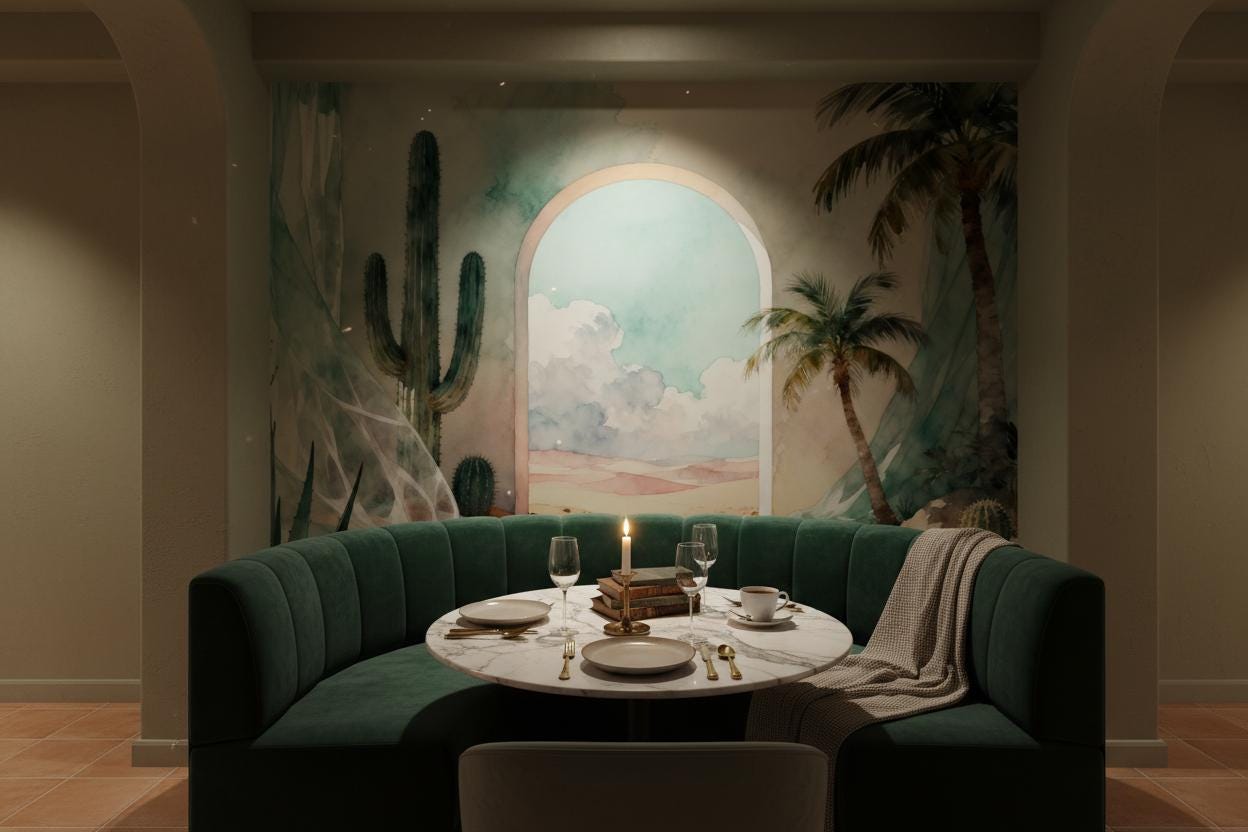 Watercolor Desert Archway Aqua Wallpaper – scale reference, Golden Era Walls