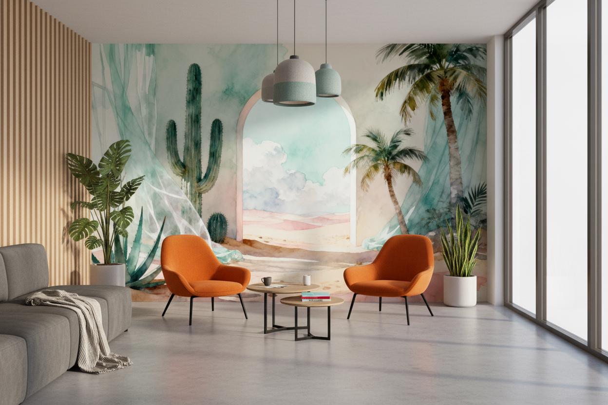 Watercolor Desert Archway Aqua Wallpaper – lifestyle view, Golden Era Walls