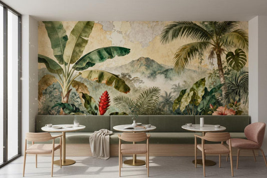 Vintage Tropical Green Distressed Floral Wallpaper – peel and stick wallpaper mural, Golden Era Walls