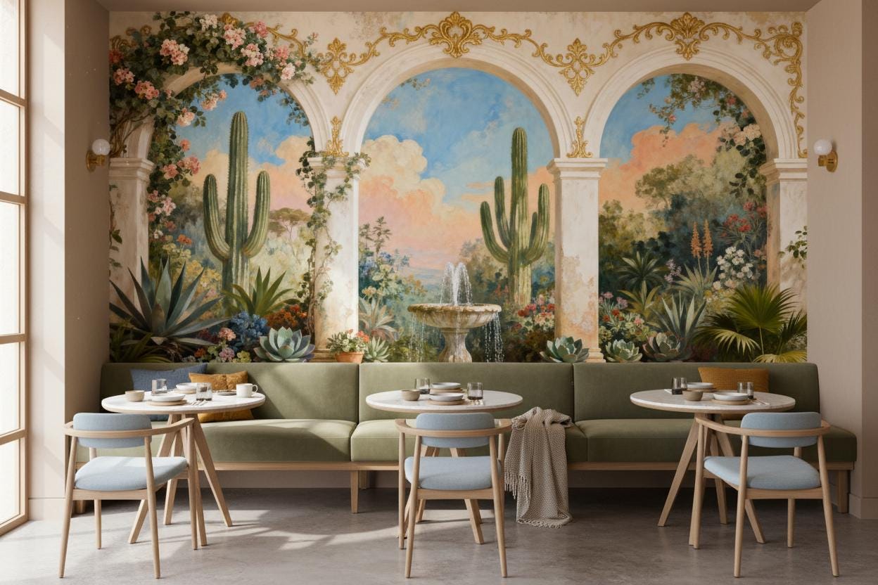 Vintage Mediterranean Fountain Courtyard Floral Wallpap – detail view, Golden Era Walls