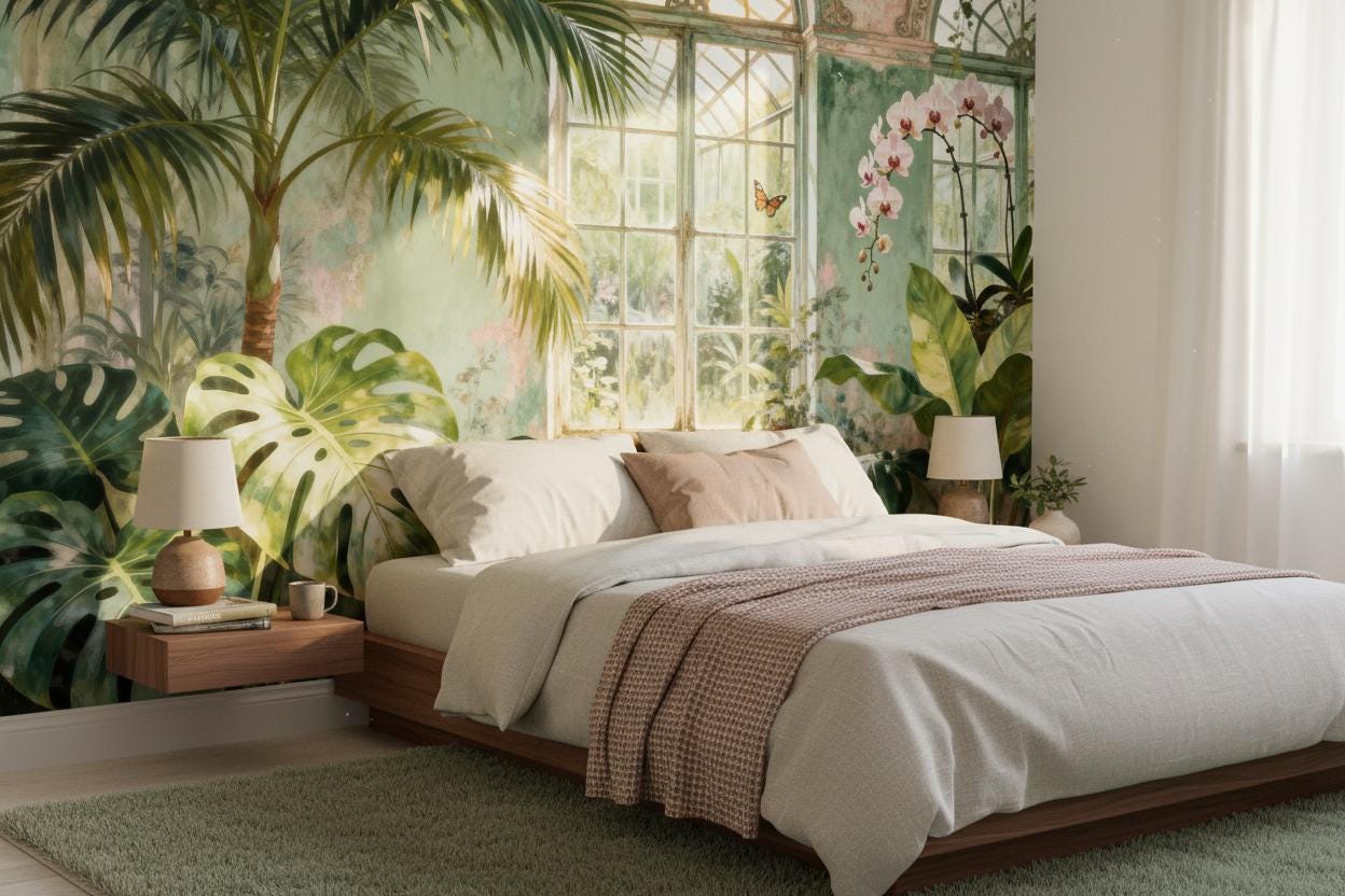 Vintage Tropical Green Distressed Floral Wallpaper – room setting, Golden Era Walls