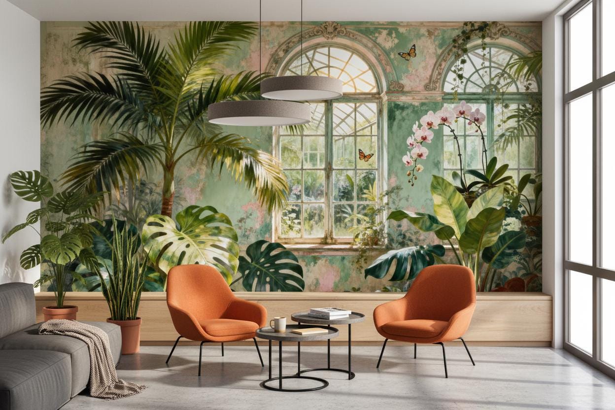 Vintage Tropical Green Distressed Floral Wallpaper – scale reference, Golden Era Walls