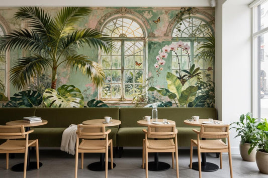 Vintage Tropical Green Distressed Floral Wallpaper – detail view, Golden Era Walls