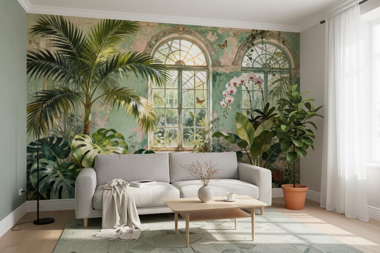 Vintage Tropical Green Distressed Floral Wallpaper – alternate view, Golden Era Walls