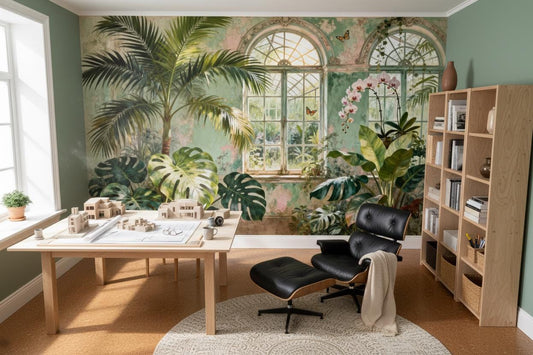 Vintage Tropical Green Distressed Floral Wallpaper – lifestyle view, Golden Era Walls