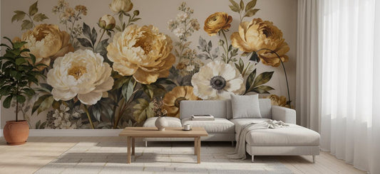 Vintage Golden Floral Moody Floral Wallpaper – room setting, Golden Era Walls