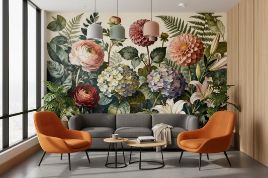 Vintage Floral Moody Botanical Floral Wallpaper – lifestyle view, Golden Era Walls