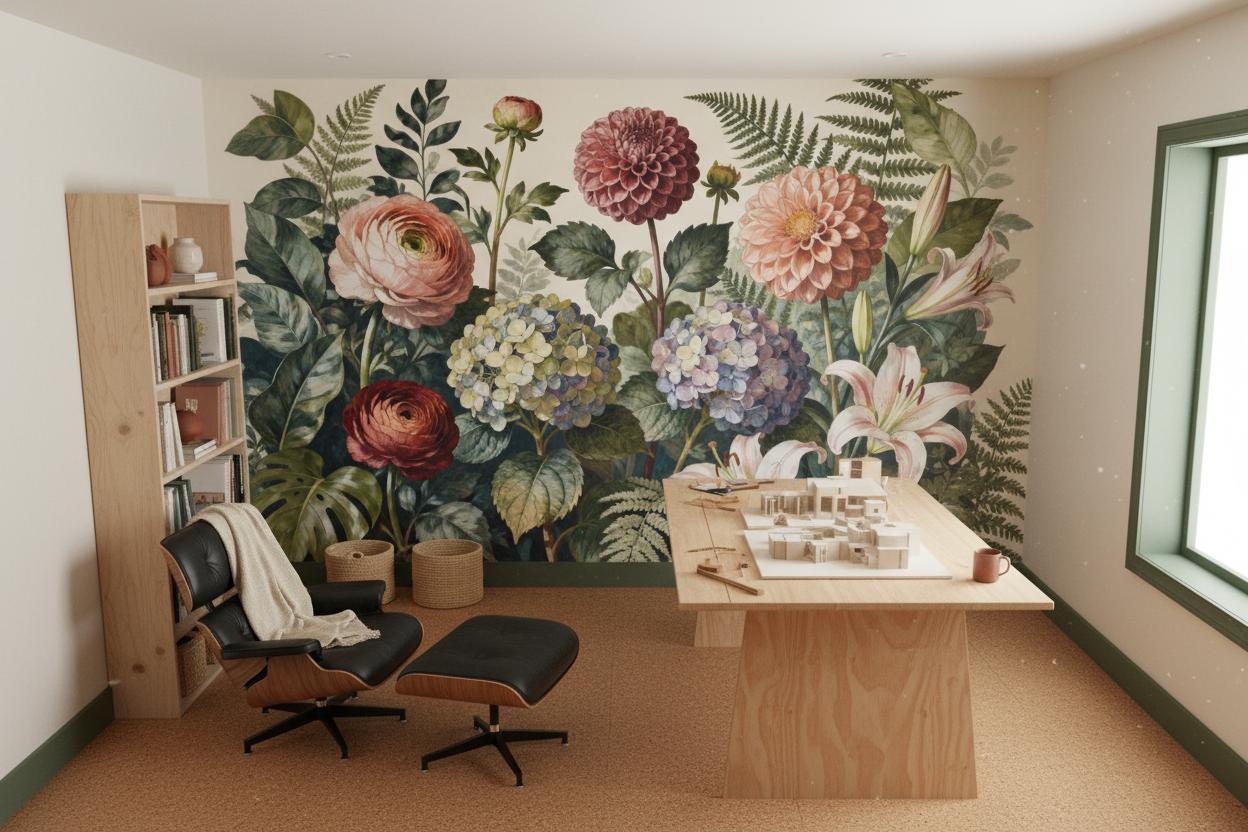 Vintage Floral Moody Botanical Floral Wallpaper – room setting, Golden Era Walls
