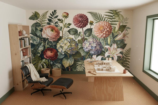 Vintage Floral Moody Botanical Floral Wallpaper – room setting, Golden Era Walls