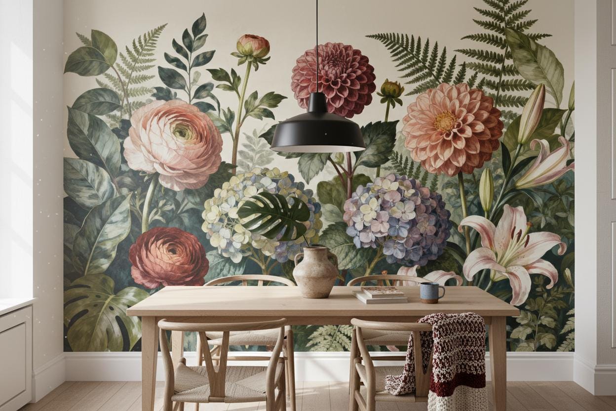 Vintage Floral Moody Botanical Floral Wallpaper – peel and stick wallpaper mural, Golden Era Walls