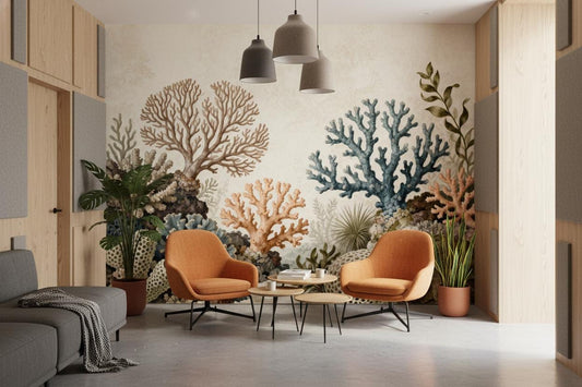 Vintage Coral Reef Coastal Floral Wallpaper – lifestyle view, Golden Era Walls