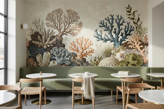 Vintage Coral Reef Coastal Floral Wallpaper – room setting, Golden Era Walls