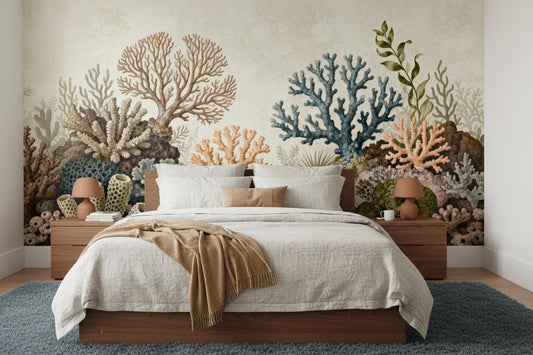 Vintage Coral Reef Coastal Floral Wallpaper – detail view, Golden Era Walls