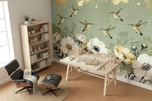 Vintage Botanical Hummingbird Sage Floral Wallpaper – detail view, Golden Era Walls