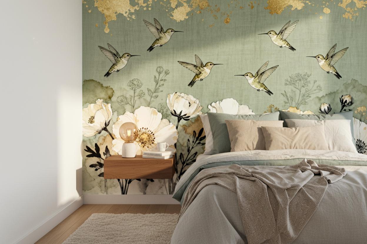 Vintage Botanical Hummingbird Sage Floral Wallpaper – scale reference, Golden Era Walls