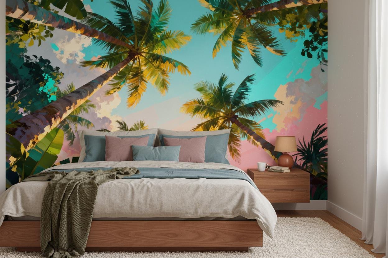 Vibrant Tropical Palm Sunset Tropical Wallpaper – room setting, Golden Era Walls