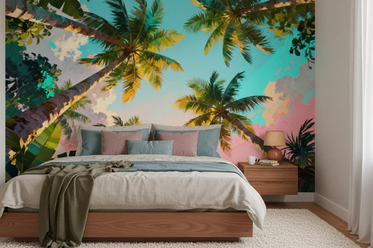 Vibrant Tropical Palm Sunset Tropical Wallpaper – room setting, Golden Era Walls