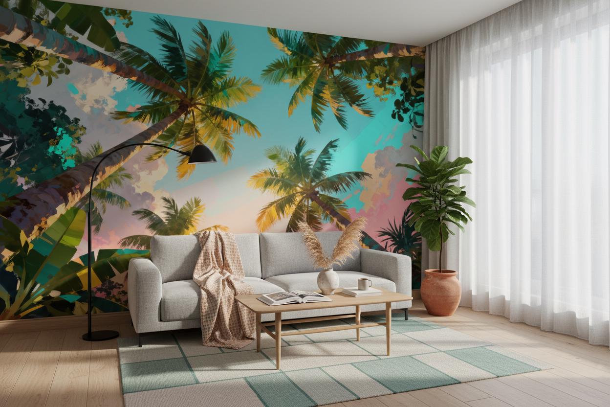 Vibrant Tropical Palm Sunset Tropical Wallpaper – scale reference, Golden Era Walls