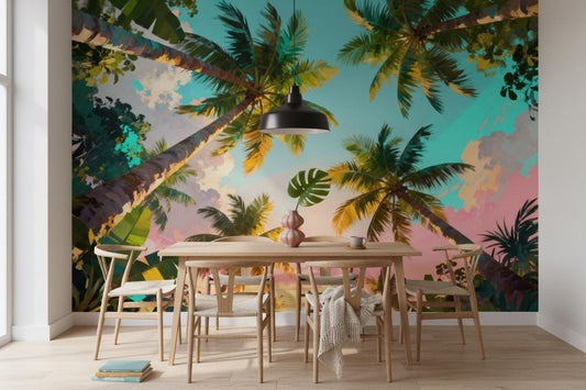 Vibrant Tropical Palm Sunset Tropical Wallpaper – lifestyle view, Golden Era Walls