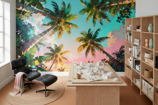 Vibrant Tropical Palm Sunset Tropical Wallpaper – detail view, Golden Era Walls