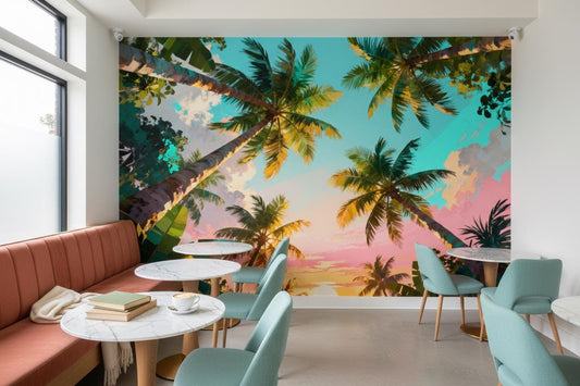 Vibrant Tropical Palm Sunset Tropical Wallpaper – peel and stick wallpaper mural, Golden Era Walls