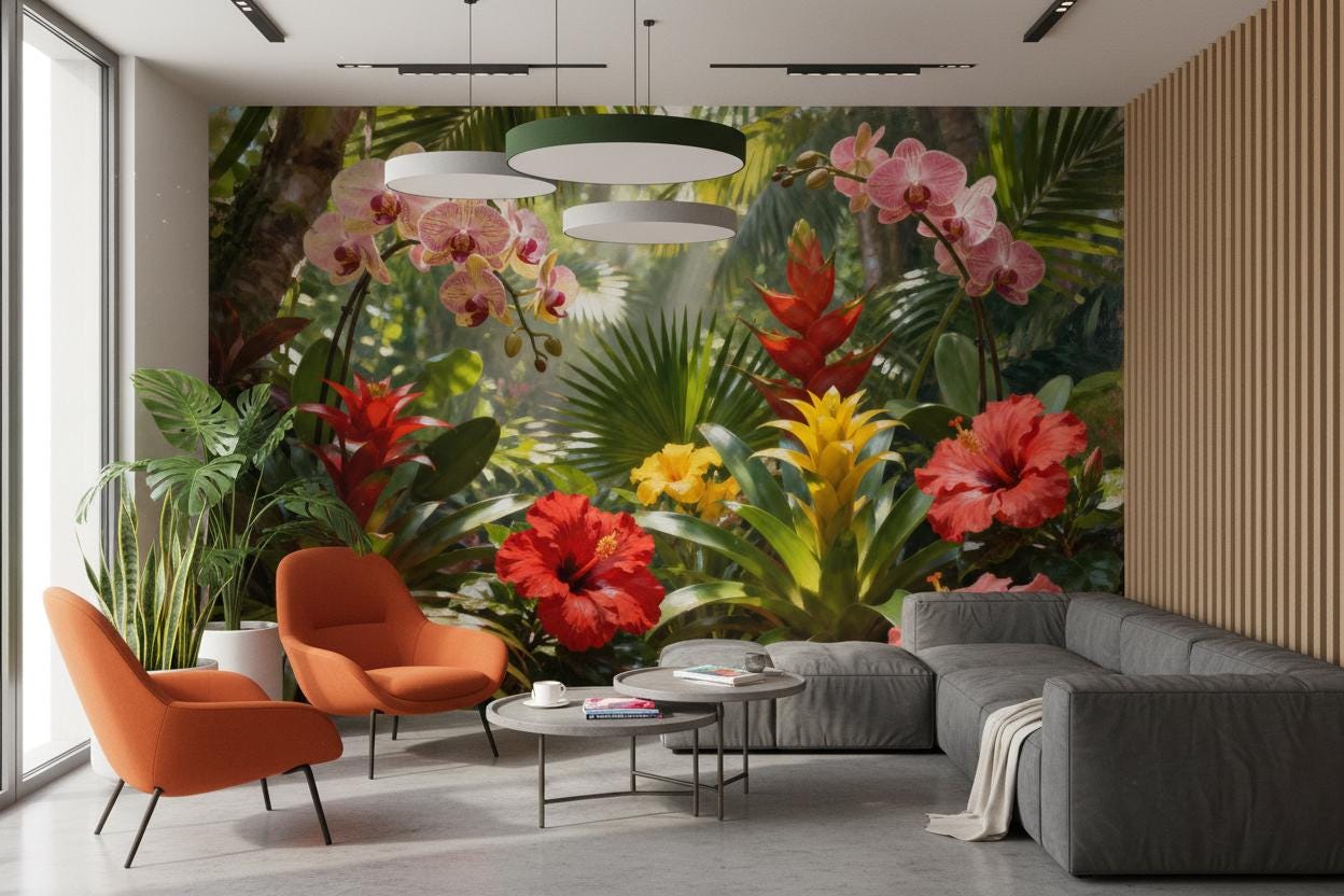Vibrant Tropical Jungle Botanical Floral Wallpaper – lifestyle view, Golden Era Walls