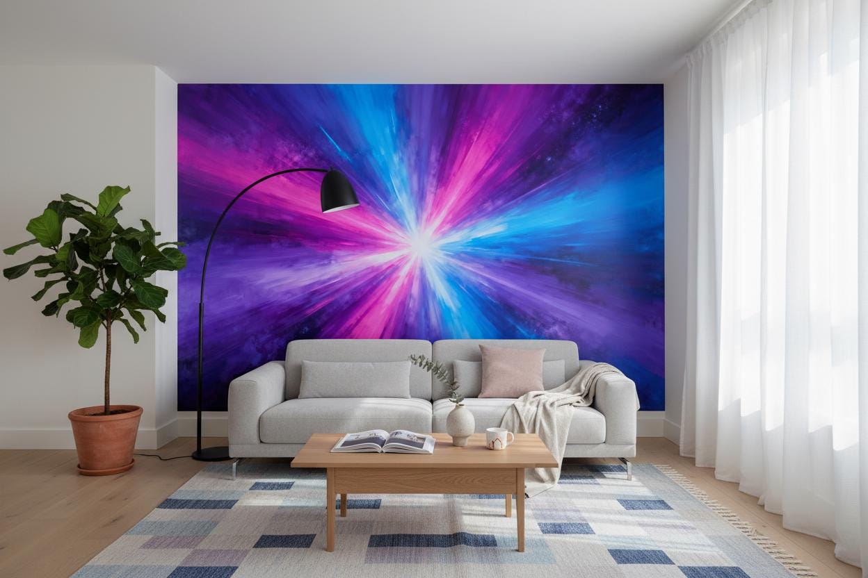 Vibrant Burst Pink Blue Geometric Wallpaper – lifestyle view, Golden Era Walls