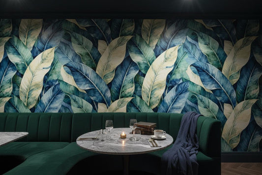 Watercolor Tropical Leaves Blue Floral Wallpaper – detail view, Golden Era Walls