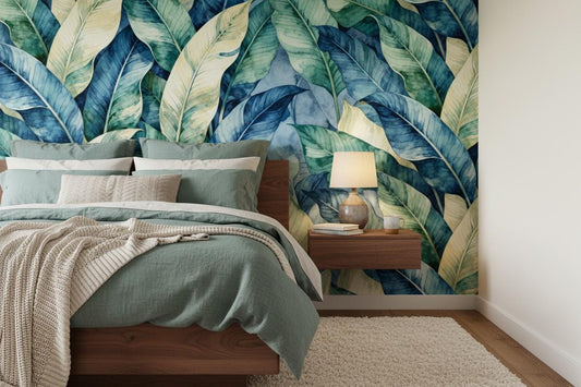Watercolor Tropical Leaves Blue Floral Wallpaper – peel and stick wallpaper mural, Golden Era Walls