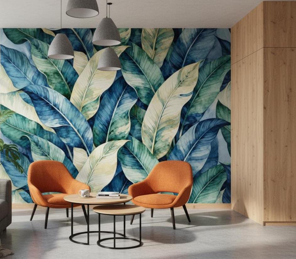 Watercolor Tropical Leaves Blue Floral Wallpaper – scale reference, Golden Era Walls