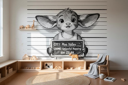 Whimsical Cartoon Animal Mugshot Wallpaper – room setting, Golden Era Walls
