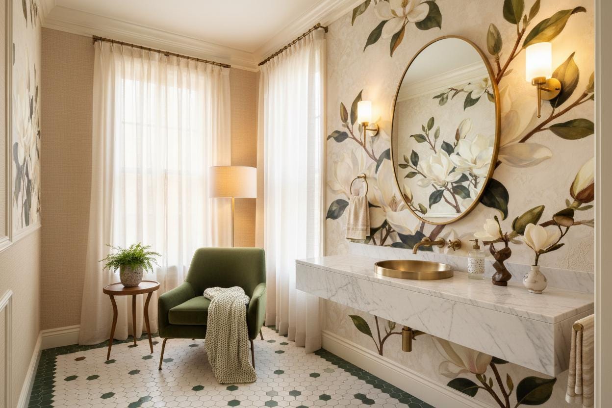 Vintage Magnolia Floral Luxury Floral Wallpaper – lifestyle view, Golden Era Walls