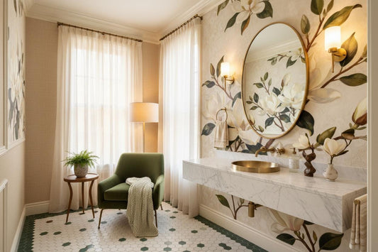 Vintage Magnolia Floral Luxury Floral Wallpaper – lifestyle view, Golden Era Walls