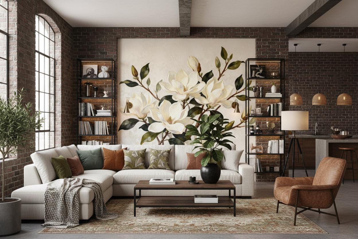 Vintage Magnolia Floral Luxury Floral Wallpaper – scale reference, Golden Era Walls
