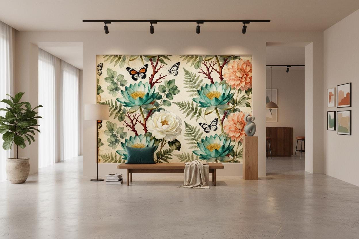 Vintage Botanical Teal Peach Floral Wallpaper – alternate view, Golden Era Walls