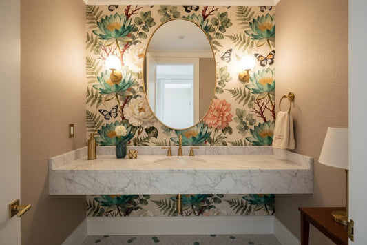 Vintage Botanical Teal Peach Floral Wallpaper – lifestyle view, Golden Era Walls