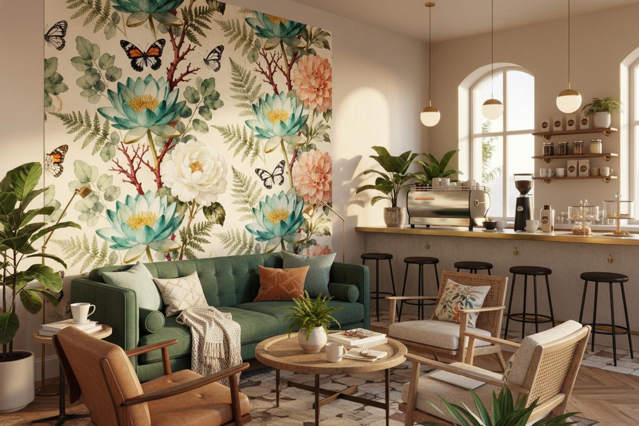 Vintage Botanical Teal Peach Floral Wallpaper – room setting, Golden Era Walls