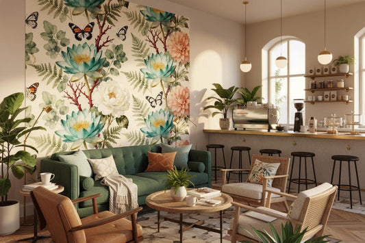 Vintage Botanical Teal Peach Floral Wallpaper – room setting, Golden Era Walls