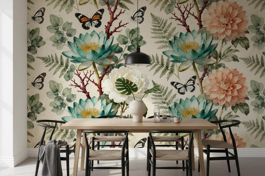 Vintage Botanical Teal Peach Floral Wallpaper – peel and stick wallpaper mural, Golden Era Walls