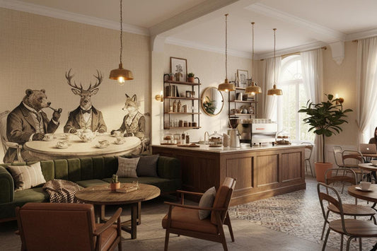 Sepia Gentlemen's Tea Party Wallpaper – lifestyle view, Golden Era Walls