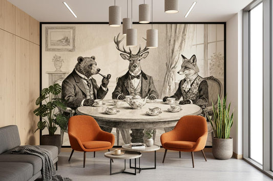 Sepia Gentlemen's Tea Party Wallpaper – detail view, Golden Era Walls