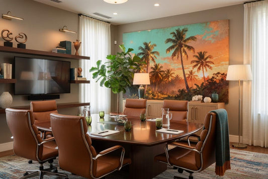 Tropical Sunset Vintage Orange Tropical Wallpaper – room setting, Golden Era Walls